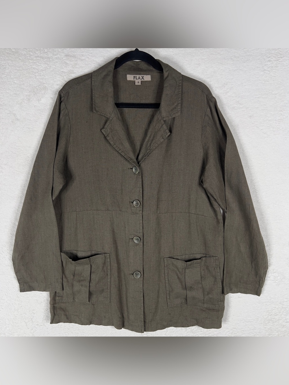 Flax 100% Linen Long Sleeve Button Front Shirt Jacket Women's Small Olive Blazer